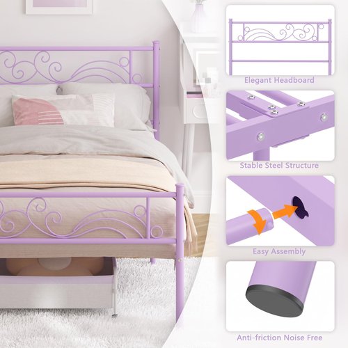 Weehom Twin Bed Frame with Headboard, Princess Bed Metal Platform No Box Spring Needed,Heavy Duty Metal Slats Support Easy Assembly for Kids Girls Adults Purple