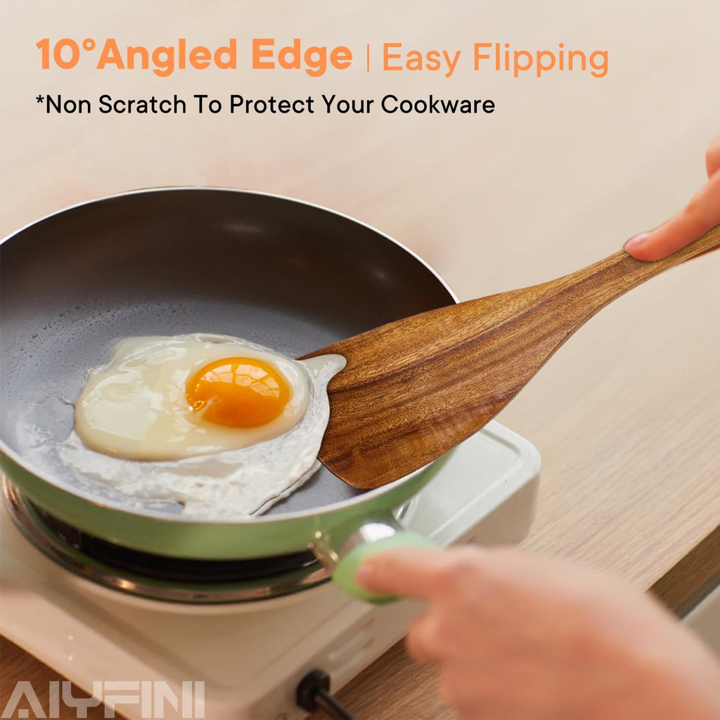 Skiennix Non-Toxic Wooden Kitchen Utensils Set - 15.4" Long Handle Spatula, Ladle, Spoon & Holder