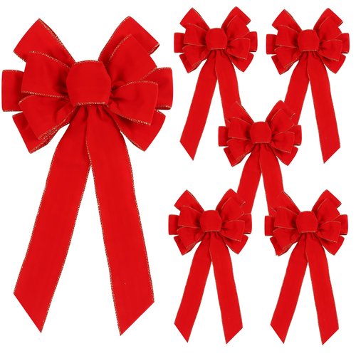 Yuubin 6 Pcs Red Christmas Bows Outdoor Decorations,12”x20” Large Velvet Wreath Bow with Glitter String Gold Edge for Xmas Tree Topper Home Front Door Decor