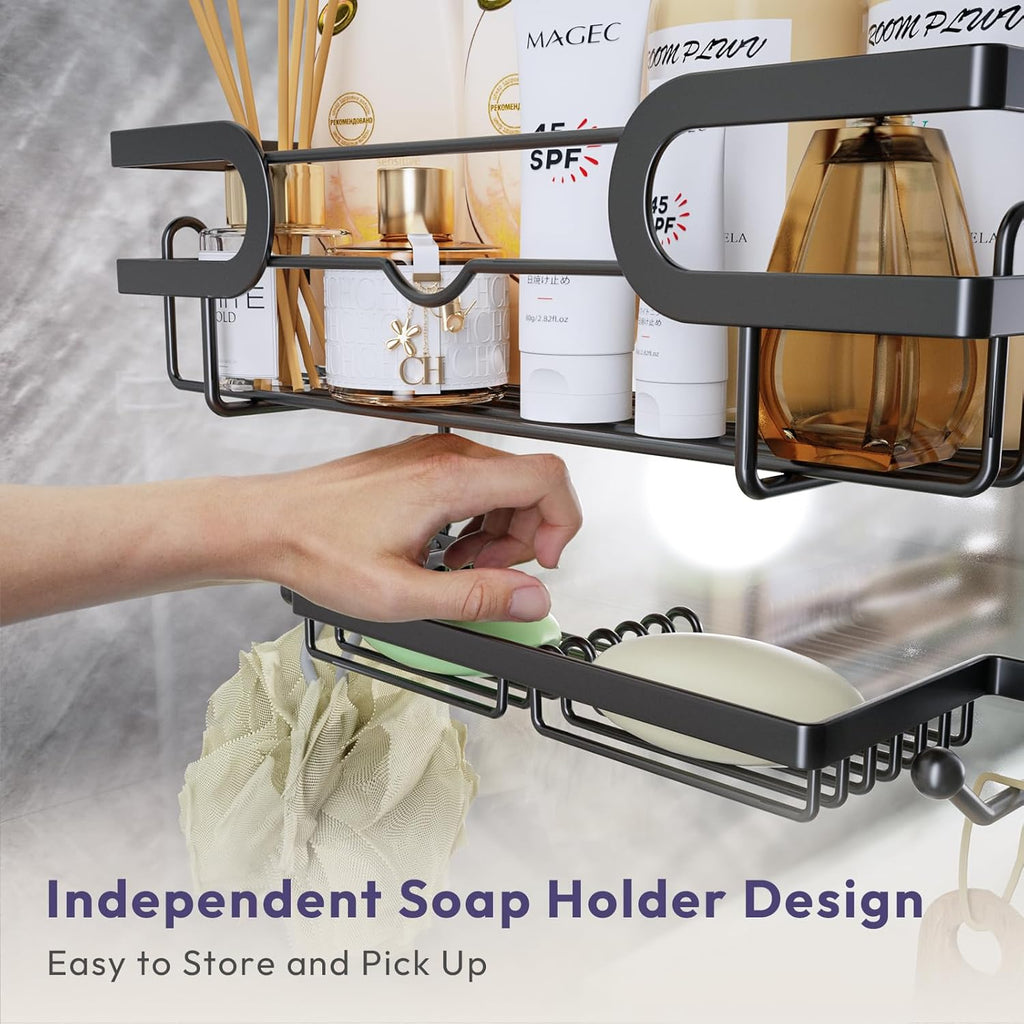 SWTYMIKI Over The Door Shower Caddy - Double Soap Holder & 16 Hooks | No Drilling Bathroom Organizer, Black
