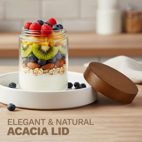 Bumobum 16 oz Overnight Oats Containers with Lids, Glass Mason Jars with Acacia Wood Airtight Lid, Wide Mouth Glass Canisters for Food Storage Chia Pudding Snacks Yogurt Spice Meal Prep, 4-Pack