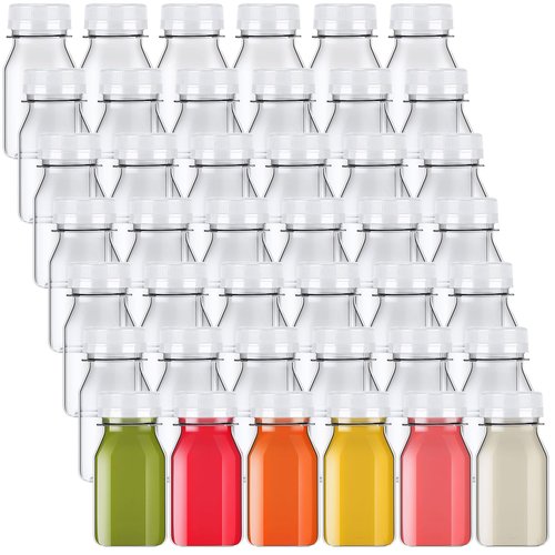 Xinnun 200 Pcs Plastic Juice Bottles with Caps Square Empty Clear Water Bottles Bulk Drinking Beverage Containers Reusable Empty Juicing Refillable PET Flasks with Lids for Drinks Smoothie(4oz,White)