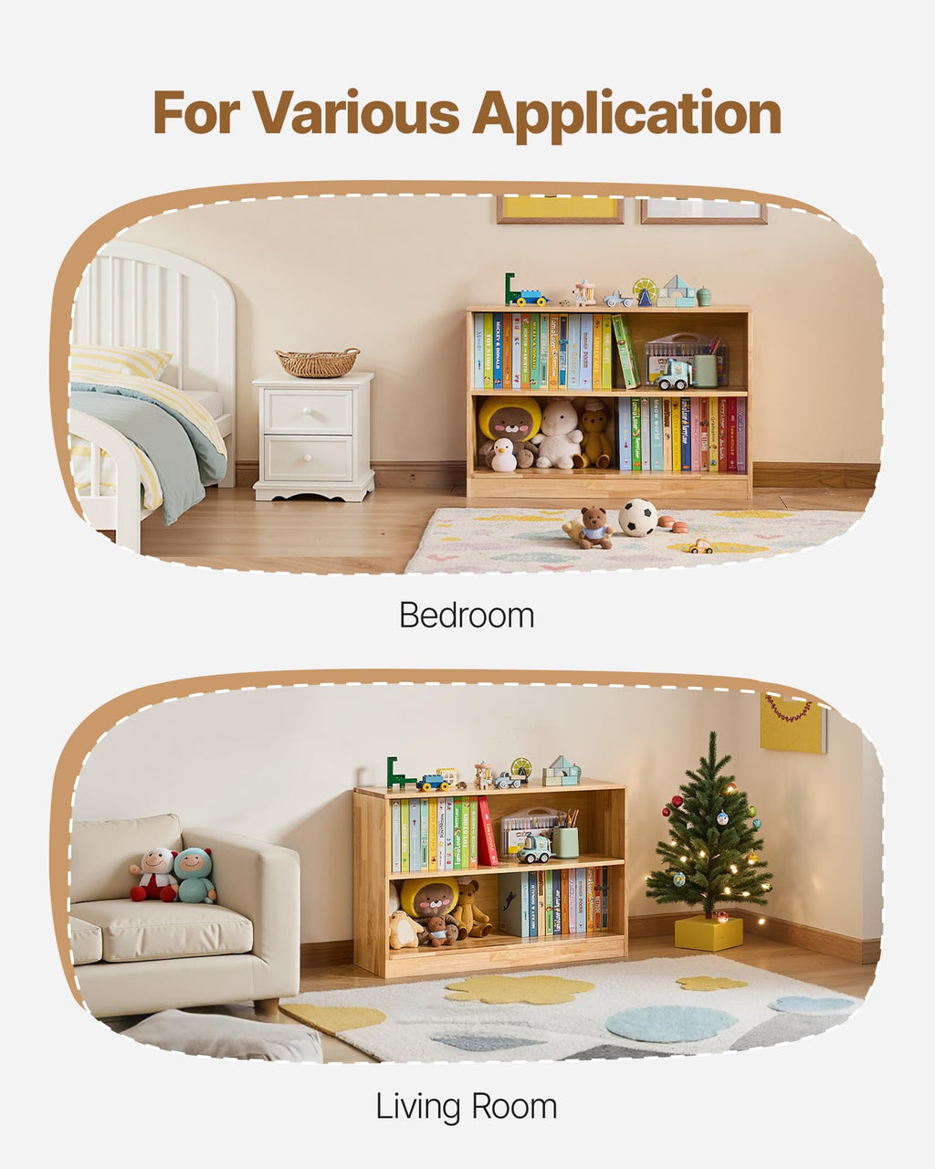 VEVOR Montessori Bookshelf, Wooden Toy Storage Organizer, 2-Cubby Toy Organizers and Storage, Daycare Furniture, Kids Bookshelf for Bedroom, Nursery, Living Room, Entryway, Preschool, Rubberwood