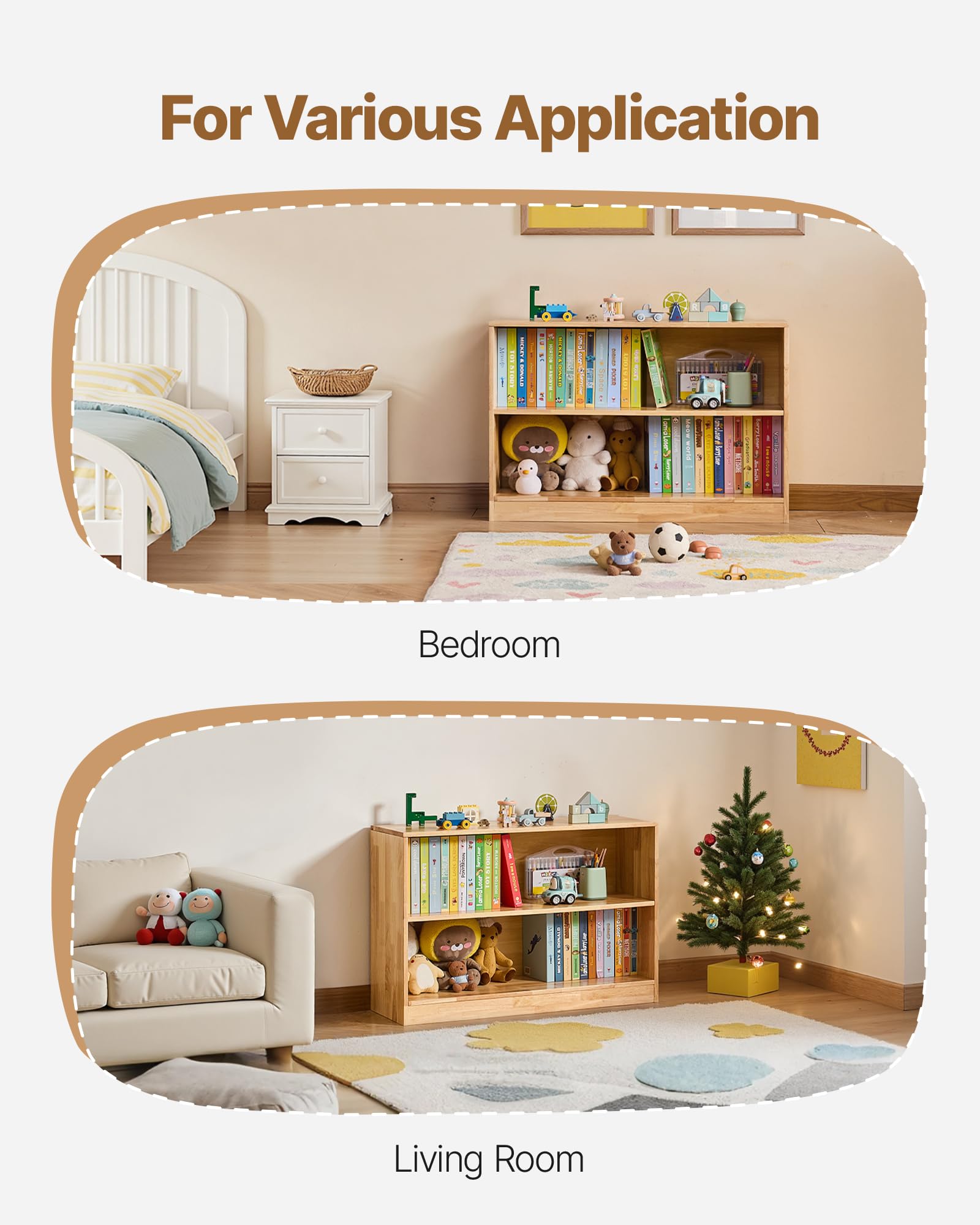 VEVOR Montessori Bookshelf, Wooden Toy Storage Organizer, 2-Cubby Toy Organizers and Storage, Daycare Furniture, Kids Bookshelf for Bedroom, Nursery, Living Room, Entryway, Preschool, Rubberwood