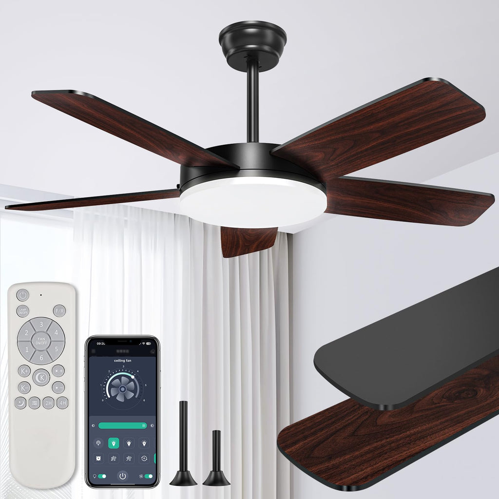 ropelux 45-Inch Ceiling Fans with Lights: Powerful Wind, Ultra-Quiet, High Bright&Screw-Free for Blade Installation, Dimmable, Forward&Reversible Fan with Remote APP Control for Bedroom/Living Room.