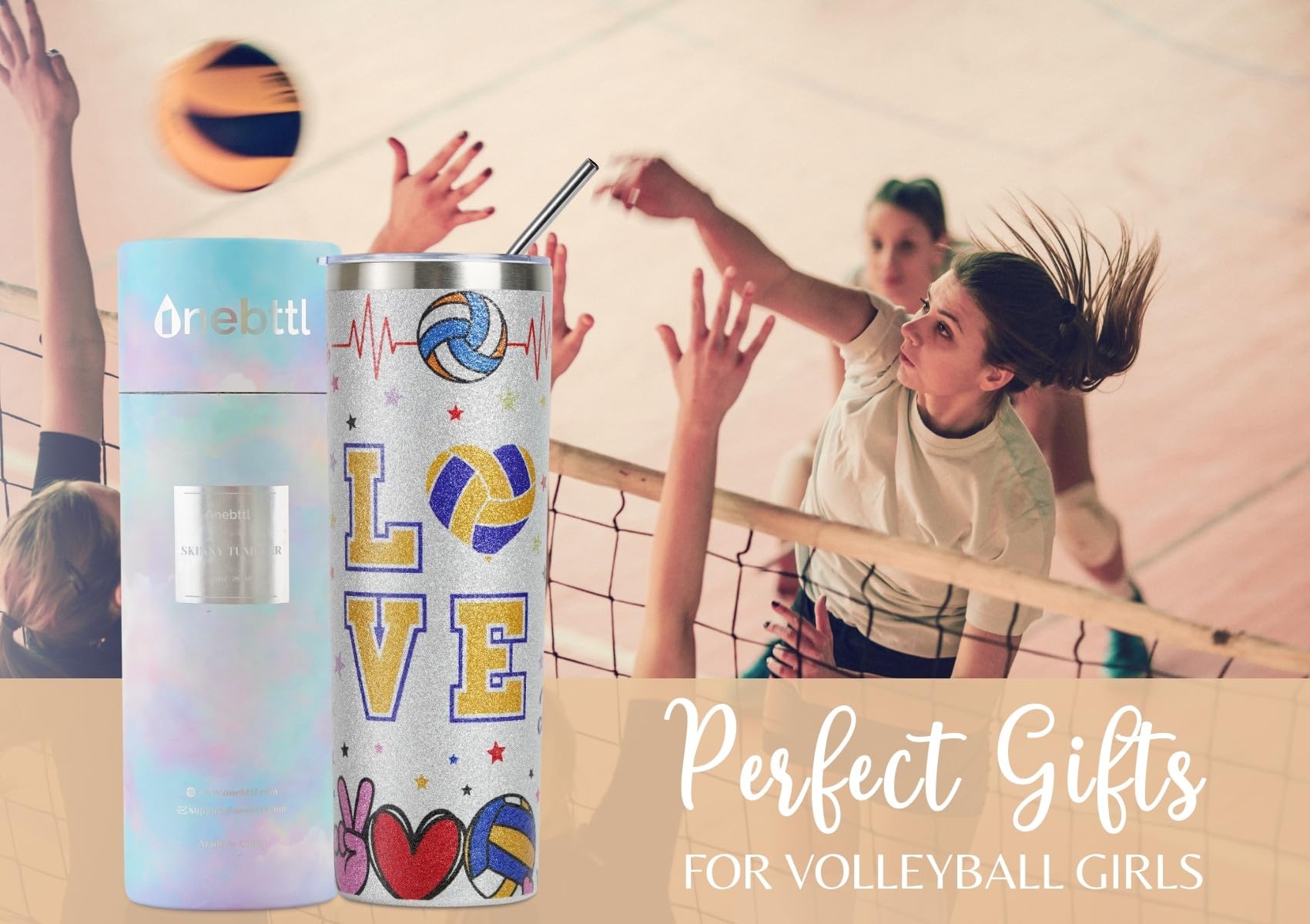 Onebttl Volleyball Gifts for Teen Girls & Team, Stainless Steel Kids Volleyball Tumbler, Double Wall Vacuum Insulated Bottle with Lid & Straw 20oz - Glitter