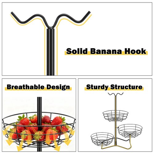 Winmien 3 Tier Fruit Basket Bowl with 2 Banana Hooks, Solid Metal Standing Vegetable Storage for Kitchen Counter, Large Capacity Organizer for Bread Snack Produce (Black)