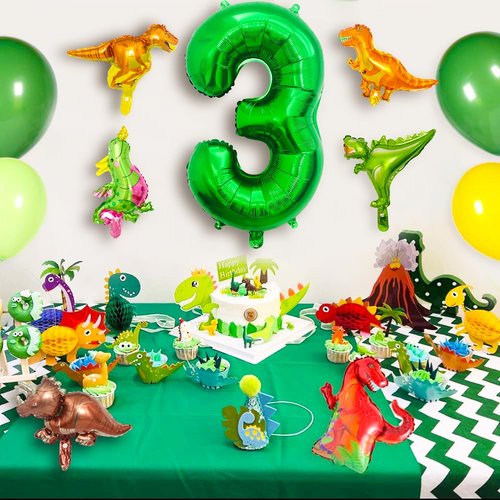 LilyZheng Large Dinosaur Balloon Number 3, 40 Inch Dark Green Foil Balloon and 5 Mini Dinosaur Balloons for 3rd Dino Birthday Decorations and Dino Party Supplies Boys and Girls