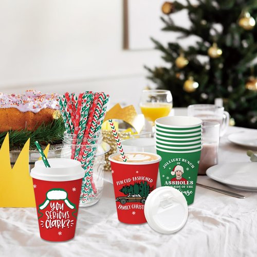 Arsemica Christmas Vacation Merch Party Supplies, 48 Pack Holiday Paper Cups with Lids and Straws, 12 oz Xmas Disposable Cups Table Decor, Funny Holiday Party Cups for Coffee Hot Chocolate Cocoa Tea
