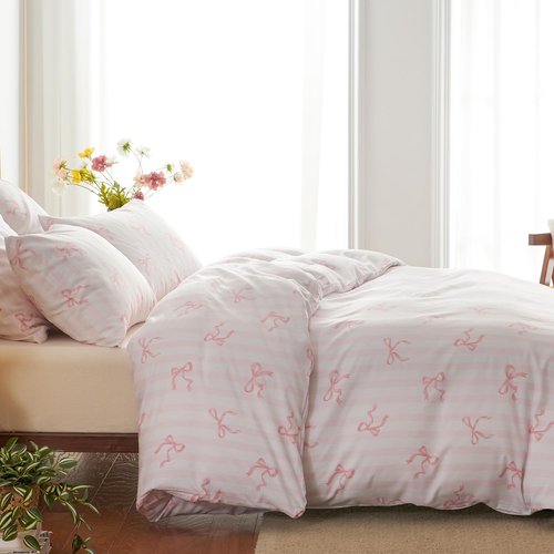Bildenly Bow Duvet Cover Full Size Pink Striped Bowknot Bedding Set Kids Girls Cute Bows Vertical Stripes Soft Breathable Microfiber Comforter Cover Set with Zipper Closure and 2 Pillowcases