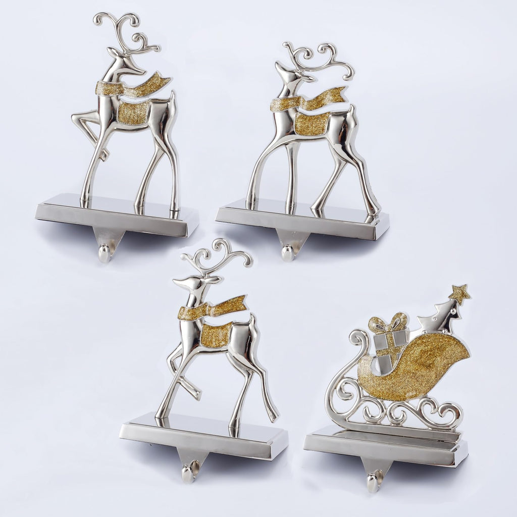 Cesdai Reindeer & Sleigh Stocking Holder Set for Mantle Set of 4,Deer Stocking Hangers for Firepiece,Christmas Decorations Mantel Hanger for Stocking/Garland (Silver with Gold)