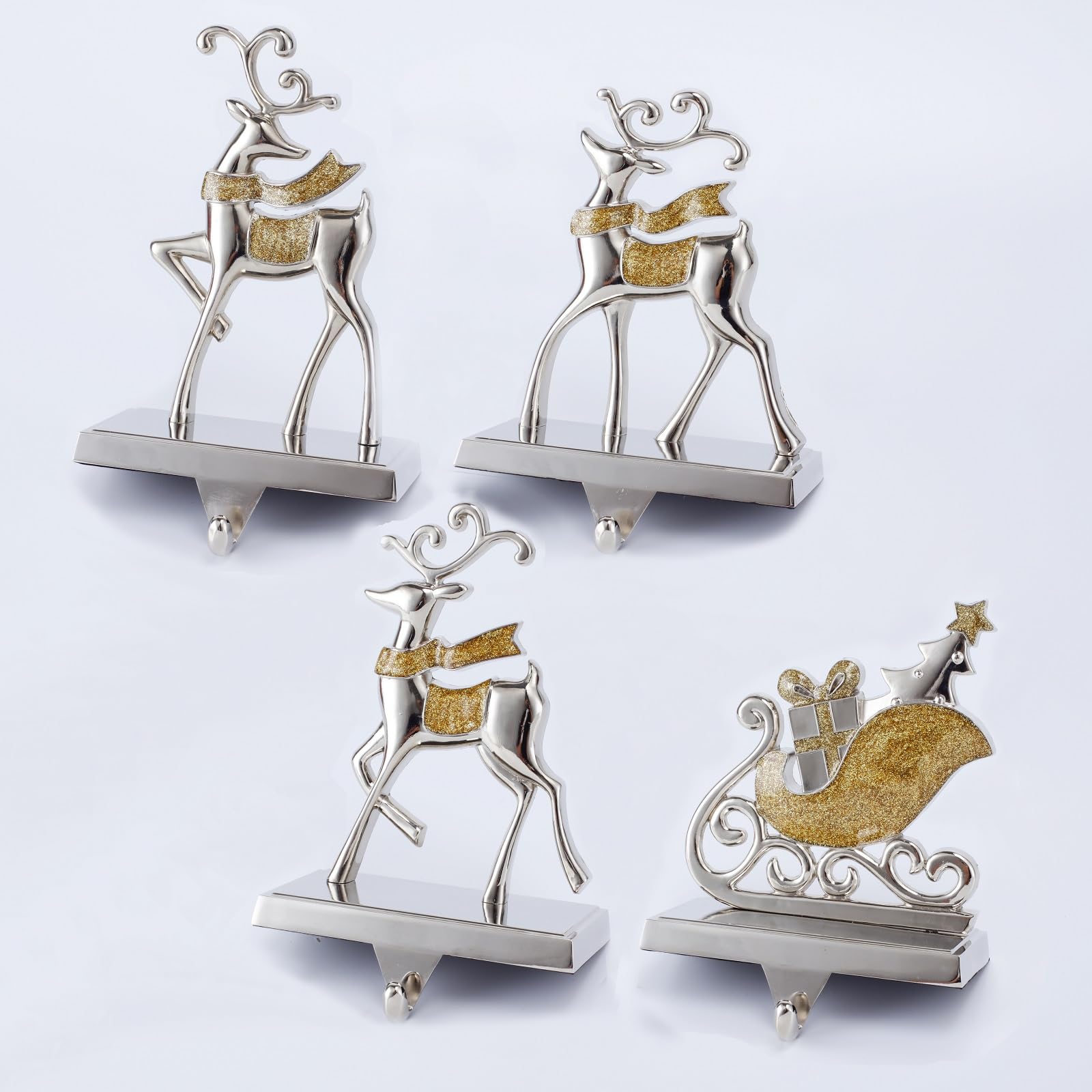 Cesdai Reindeer & Sleigh Stocking Holder Set for Mantle Set of 4,Deer Stocking Hangers for Firepiece,Christmas Decorations Mantel Hanger for Stocking/Garland (Silver with Gold)