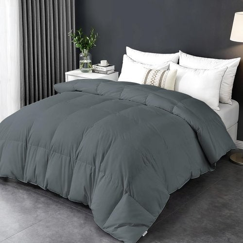 Goose Feather Comforter Queen Size, Duvet Insert All Season Queen, Bed Comforter Quilted Hotel Luxury Fluffy 100% Cotton Blanket with 8 Corner Tabs, 90 x 90 Inch, Grey, Machine Washable