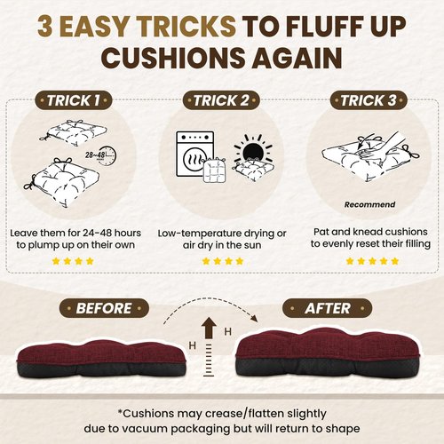 downluxe Indoor Chair Cushions for Dining Chairs, Tufted Overstuffed Textured Kitchen Chair Pads with Ties and Non-Slip Backing, 15.5" x 15.5" x 4", Burgundy, 4 Pack