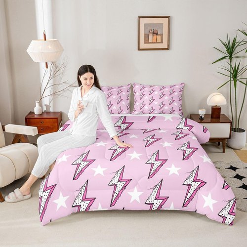 Homewish Lightning Light Print Kids Comforter Set Twin Size,Boys Girls Adults Bedroom Decor,Abstract Stars Polka Dots Down Comforter,Stylish Chic Bedding Set,Pink Romantic Duvet Insert,1 Pillowcase