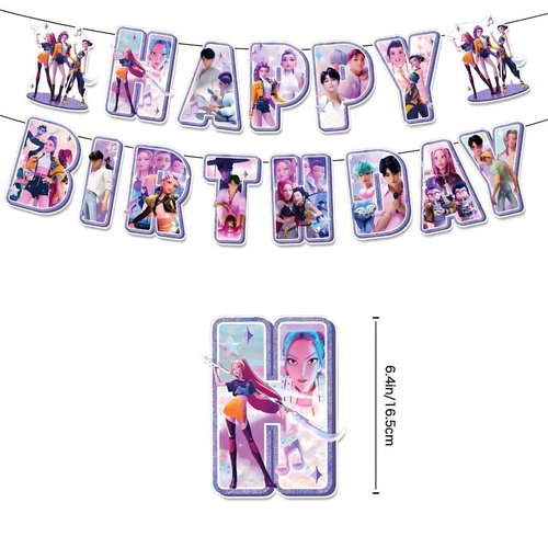 For K Pop Demon Hunters Party Supplies, 50 PCS Birthday Decorations Set Include Banner, Balloons,, Hanging Swirls, Cake Cupcake Toppers, Tablecloth for Boys Girls Hunters Theme Party