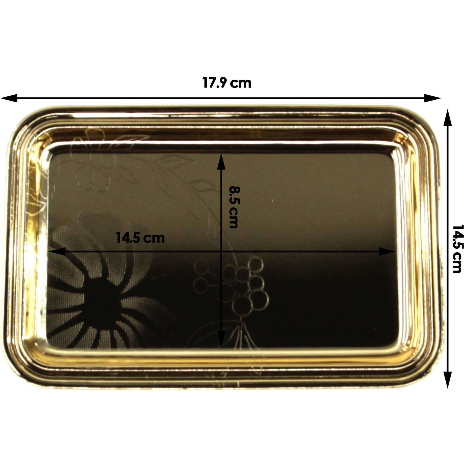 Maro Megastore (Pack of 4) 7 inch x 4.7 inch Rectangular Iron Gold Plated Mirror Serving Tray Floral Engraved Decorative Party Birthday Wedding Buffet Wine Decor Platter Plate Base Dish CC-1155
