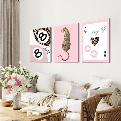 Funky Lucky You | Trendy Leopard Canvas Wall Art Set of 3 - Pink Cheetah Prints for Girls' Bedroom | 12x16 Inch Framed Decor
