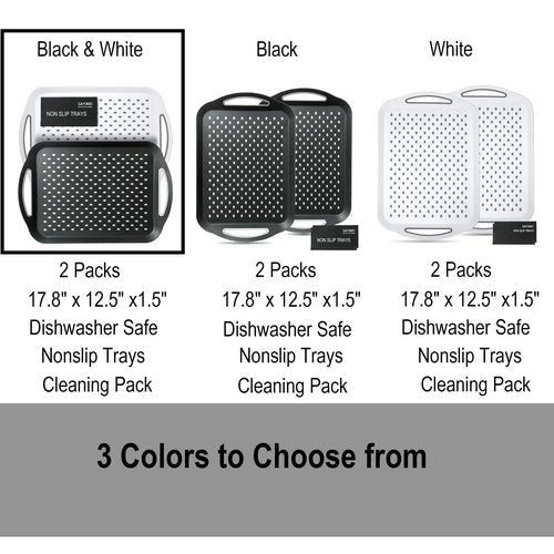 Large Anti-Slip Serving Tray with Handles, Dual Rubber Grippy Lap Food Trays for Eating, Dinning, Breakfast, on Couch/TV, Black & White - Set of 2