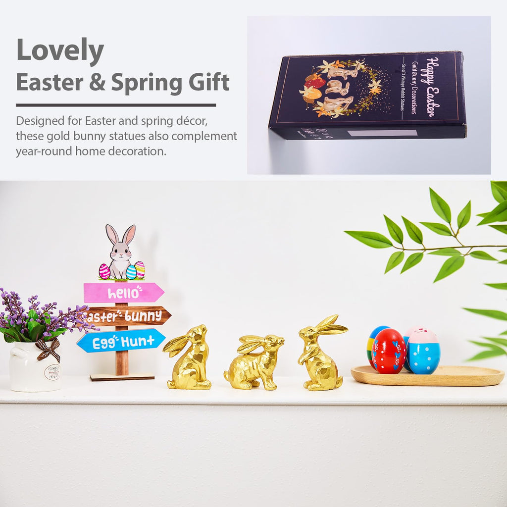 yumhum 3 Gold Easter Bunny Decorations, Resin Rabbit Figurine Small Decorative Bunny Statues for Tabletop Centerpiece Indoor Spring Easter Decor Mantle Decorations