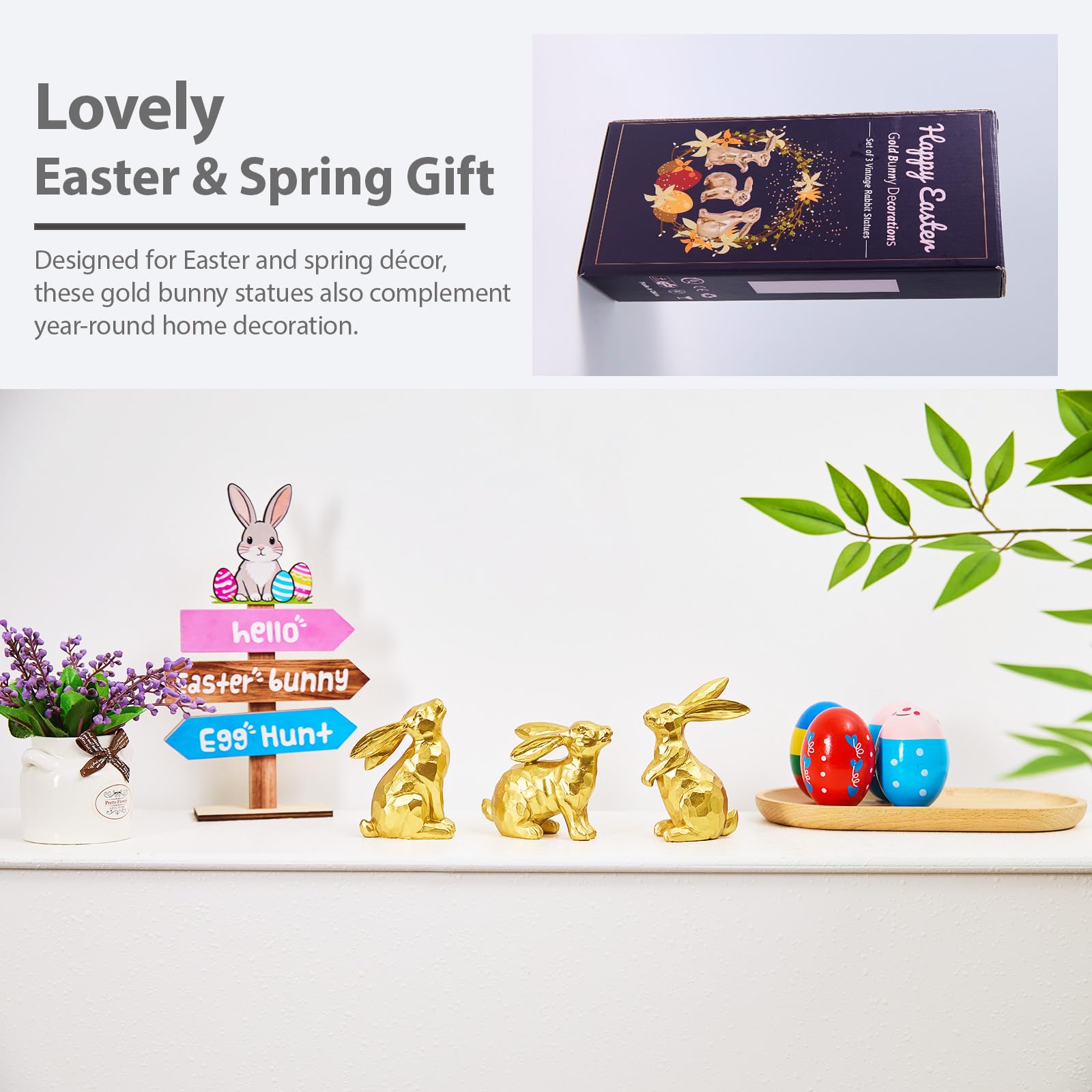 yumhum 3 Gold Easter Bunny Decorations, Resin Rabbit Figurine Small Decorative Bunny Statues for Tabletop Centerpiece Indoor Spring Easter Decor Mantle Decorations