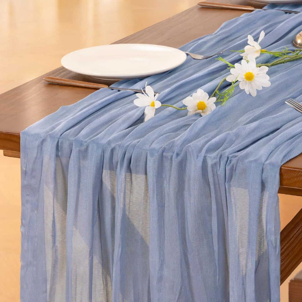 Socomi Cheesecloth Table Runner - 120 Inch Dusty Blue Boho Rustic Decor for Weddings & Events