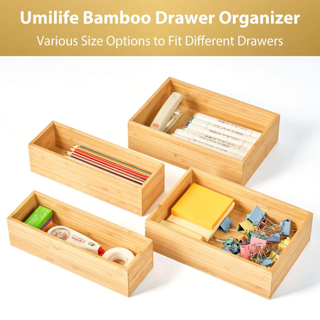 Umilife Bamboo Kitchen Utensils Organizer, Extra High Silverware Drawer Tray, Flatware Cutlery Storage Box, Multi-Use Holder in Office, Bathroom, Pantry - 15"x6"x2.5" (Set of 2)