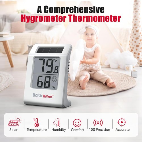 BaldrTherm Digital Thermometer & Hygrometer - Solar-Powered Indoor Temperature & Humidity Monitor | Ideal for Home, Office & Baby Rooms