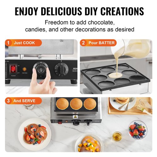 VEVOR Dutch Pancake Maker, 9PCS 76mm Diameter Dorayaki Baker Machine, 850W Commercial Electric Poffertjes Grill, Non-stick Stainless Steel, Temp & Time Control, for Home Kitchen Restaurant Snack Bar