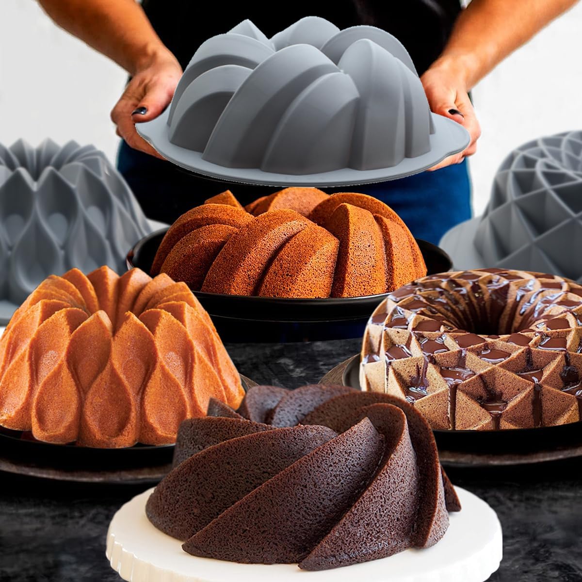 Tongjude Silicone Fluted Cake Pans - Non-Stick 4-Piece Set for Baking Cakes & Jello | 6/7/8 Cups, Grey