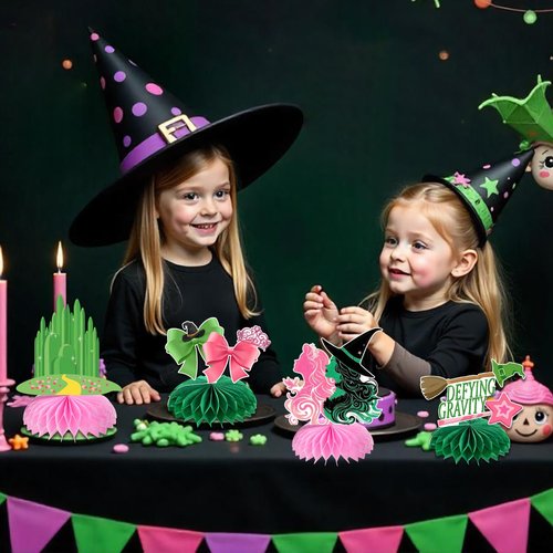 AMZFAVOR Witch Theme Party Decorations, 10 Pcs Pink and Green Honeycomb Centerpieces Decor Table Toppers for Movie Birthday Witch Party Decorations Supplies