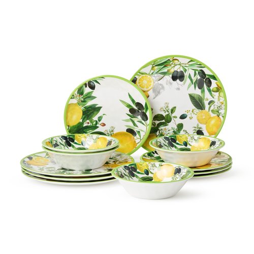 Limone 12-Piece Melamine Dinnerware Set - Citrus-Inspired, Service for 4, Durable, Shatterproof, Dishwasher-Safe Plates and Bowls for Everyday Dining, Outdoor Use, and Entertaining