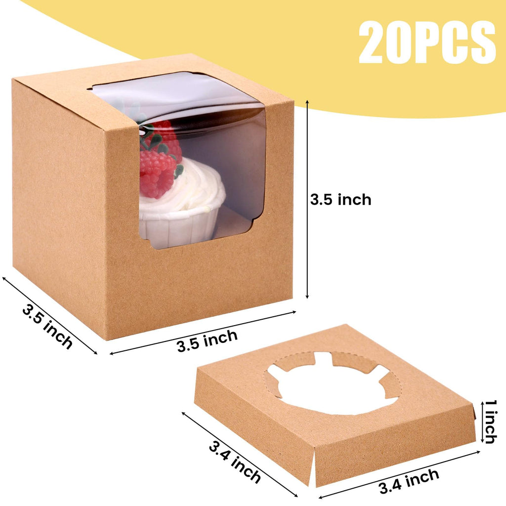 VGOODALL 20PCS Cupcake Boxes, 3.5"x3.5"x3.5" Individual Cupcake Containers Pre-Assembled Containers with Window and Inserts for Wedding Baby Shower Birthday Party Supplies