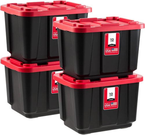 IRIS USA 12 Gallon Heavy Duty Storage Bins with Lids - 4-Pack Red Plastic Tote Containers