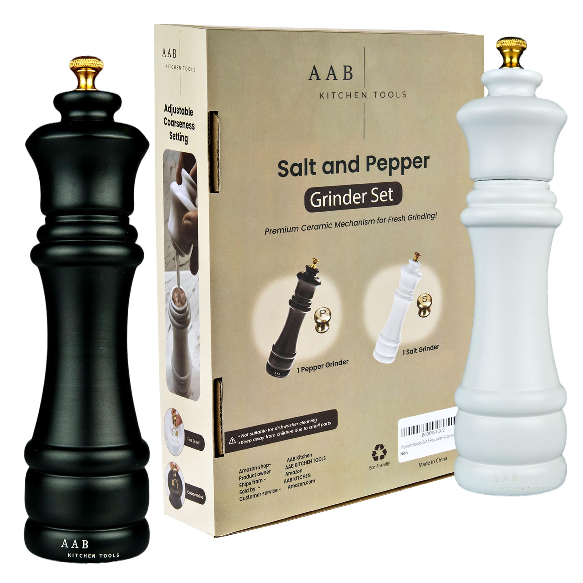 AAB Kitchen Tools Wooden Black and White Manual Refillable Large Salt and Pepper Grinder Set, Shaker with Adjustable Ceramic Grinding Mechanism for Customized Coarseness, 8 Inches, Pack of 2