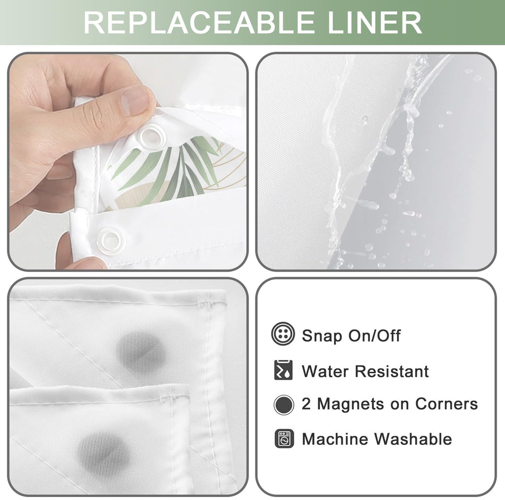 TWLSNCD No Hook Shower Curtain with Snap in Liner, Tropical Leaf Shower Curtains and Liner Set for Bathroom, Monstera Palm Leaves Floral Fabric Bath Curtain, Waterproof Washable, Green 71" x 74"