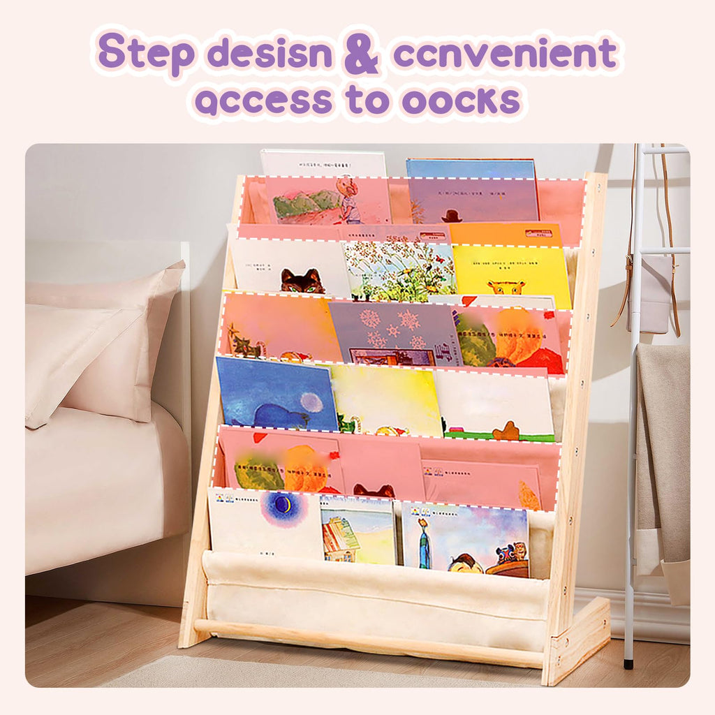 YCWSPEMR 6-Tier Kids Bookshelf – Child-Safe Wooden Book Shelf with Cotton Linen Fabric, Holds 100+ Books, Baby Bookshelf & Toddler Bookcase Organizer for Nursery, Playroom & Kids Rooms