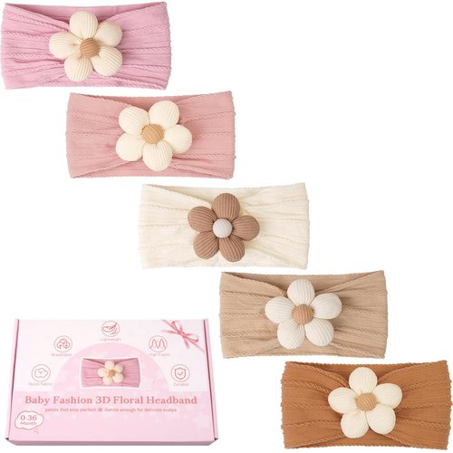 CÉLLOT Baby Flower Headbands - 5 Pcs Soft Nylon Hair Accessories for Newborns & Toddlers