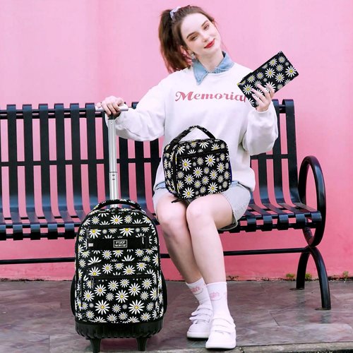 AGSDON Rolling Backpack for Girls, Women Roller Wheels Bookbag, Laptop Daisy Wheeled School Bag with Wheels for Teens