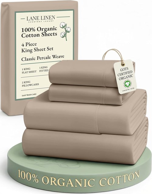 LANE LINEN 100% Organic Cotton Sheets Set - Ultra Soft GOTS Certified Bedding for King Beds | Taupe, 15-Inch Deep Pocket