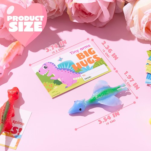 JOYIN 28 Pcs Valentine's Day Slingshot Dinosaur Toys with Cards, Strentchy Multi-Color Dinosaur Finger Toys for Valentines Day Boys Girls Kids Classroom Prize Treats Goodie Bag Stuffers Party Favors