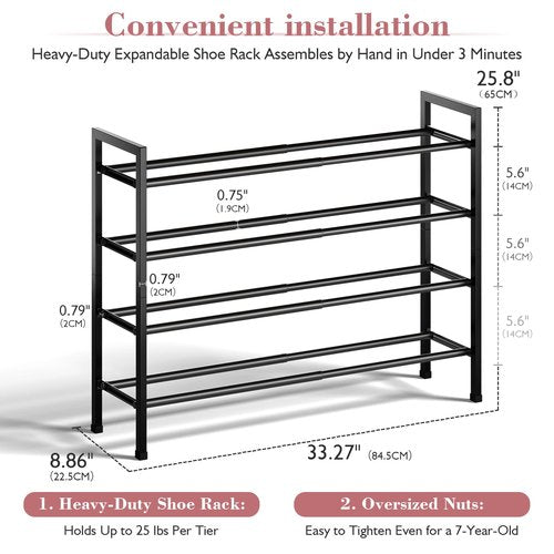 Bumusty 4-Tier Expandable Shoe Rack for Closet, 18“-33” Adjustable Shoe Rack for Small Space, Small Shoe Organizer for Front Door, Sturdy Metal, Black