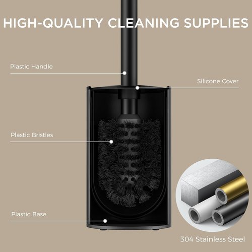 FORIOUS Toilet Brush Set - Heavy Duty 304 Stainless Steel with Holder | Matte Black, Space-Saving Design