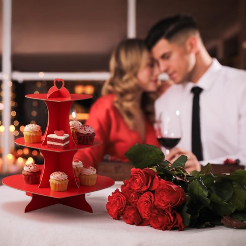 Willinglong 2 Pcs Valentine's Day Cupcake Stand 3 Tier Heart Red Cupcake Stand Cardboard Cupcakes Stands Tower Dessert Cup Tower Display Decoration for Birthday Wedding Baby Shower Party Supplies