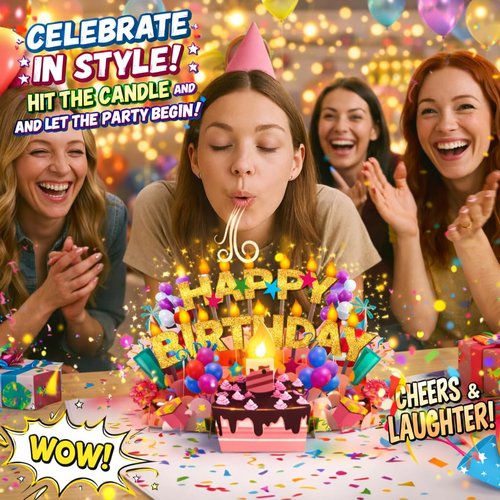 Lupow 3D Pop Up Musical Birthday Cards with Lights & Blowable LED Light Candle – Interactive Singing Happy Postcards Birthday Decorations Greeting Cards Birthday Cards for Women, Men, Mom, Wife, Husband, Boy, Girl