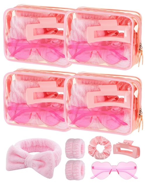 Cosweet 4 Sets Galentine's Day Gift for Women - Pink Spa Party Favors with Headband & Wrist Band, Heart Glasses, Hair Clips, Scrunchies, and Makeup Bag, Friendship Gifts for Valentine's Day