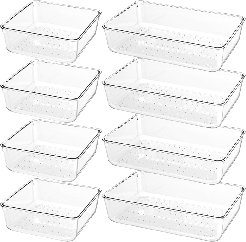 Skiennix 8 PCS Clear Plastic Drawer Organizer Tray - Versatile Acrylic Bins for Makeup, Office & Kitchen