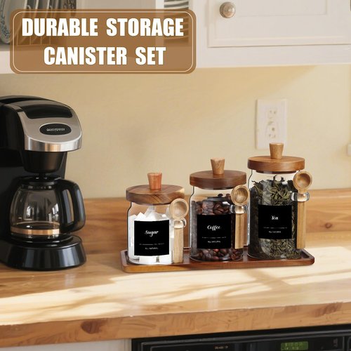 Suclain 3 Pcs Glass Coffee Container with Wooden Lid Spoon Shelf Labels Clear Airtight Jar Food Storage Canister Set for Sugar Spice Coffee Bean Holder Housewarming Gift(13.5,20,25 oz,Acacia Brown)