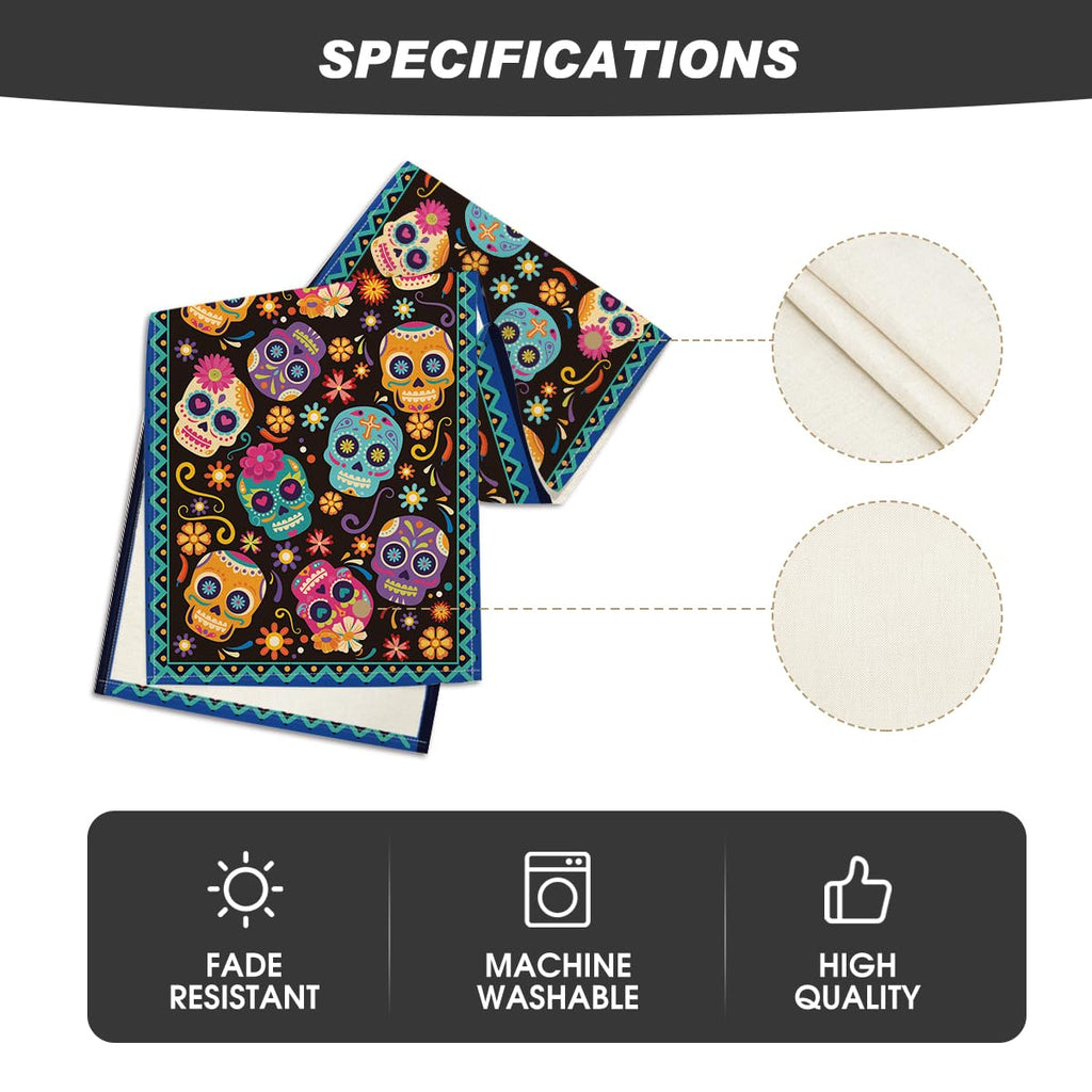 Artoid Mode Suger Skulls Floral Day of The Dead Table Runner, Halloween Seasonal Kitchen Dining Table Decoration for Home Party Decor 13x90 Inch