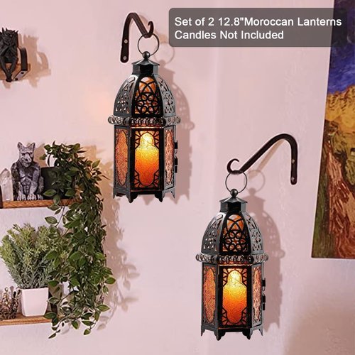 DECORKEY Vintage Moroccan Candle Lantern Set - Large 12.8’’ Metal Hanging & Tabletop Decor | Amber Color for Indoor & Outdoor Use
